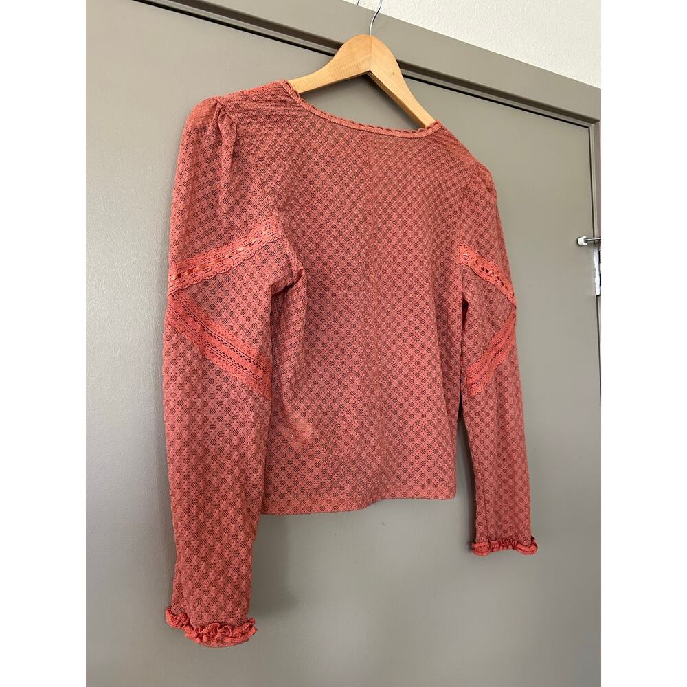 Free People Kika Top CoralPink LaceyVNeck ButtonFront Blouse Boho indie festival - Picture 10 of 16